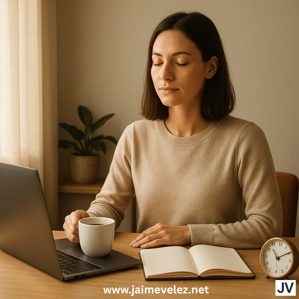 Calm by Design. Calm Woman starting her day with calm micro-routines.
