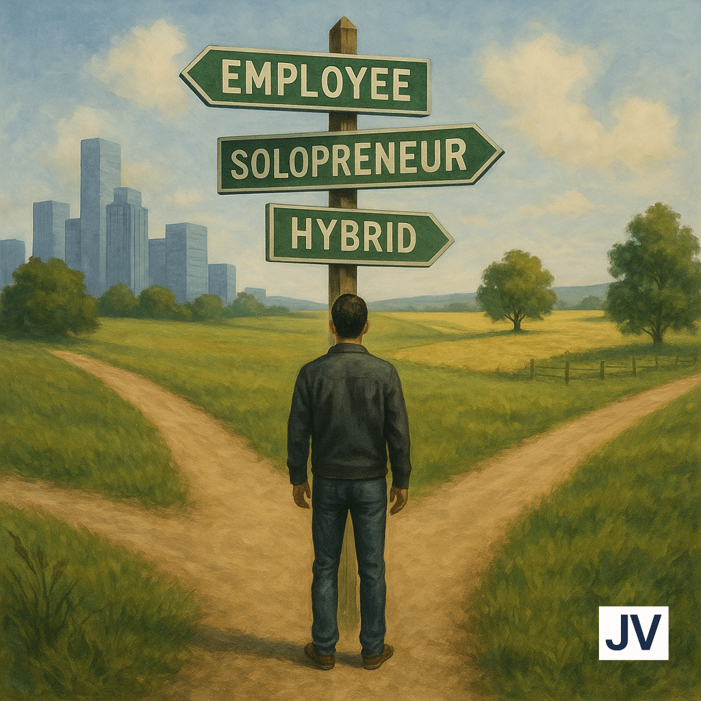 Man at a cross roads trying to choose his personal path. Employee, Solopreneur, or Hybrid.