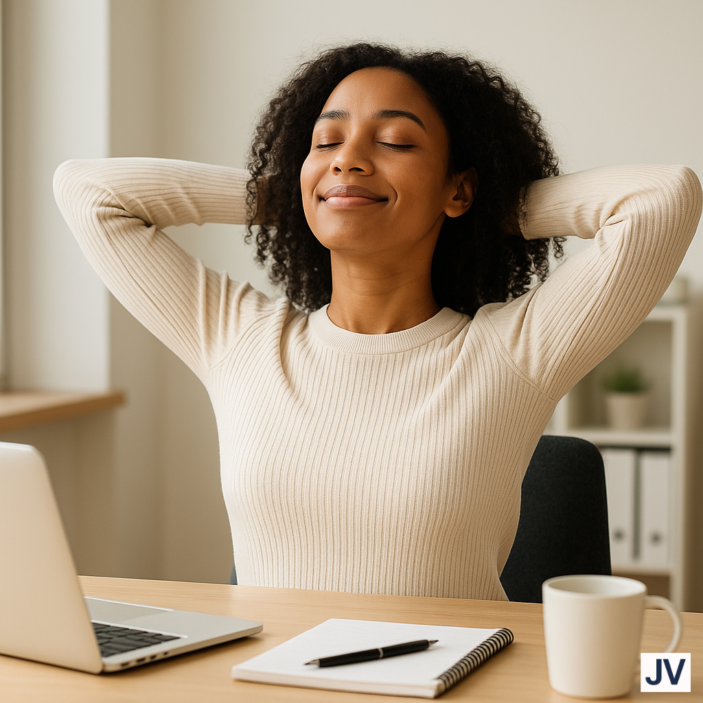 A calm solopreneur enjoying mindful productivity.