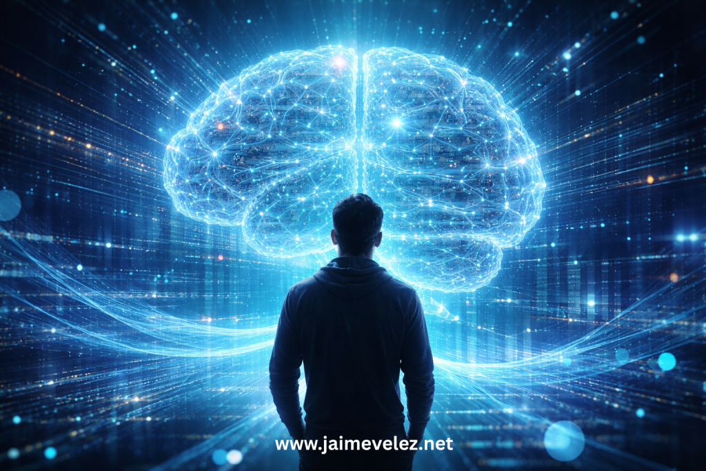 person standing in front of a glowing AI brain representing the future of cybersecurity and transition into cybersecurity