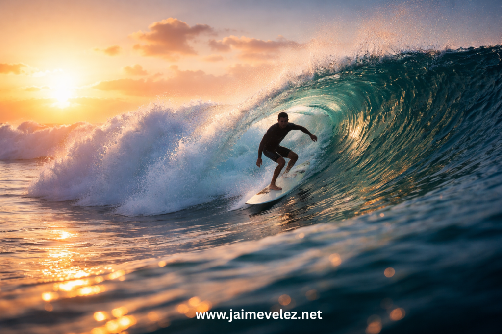 surfer riding a powerful wave at sunrise representing career growth and transition into cybersecurity
