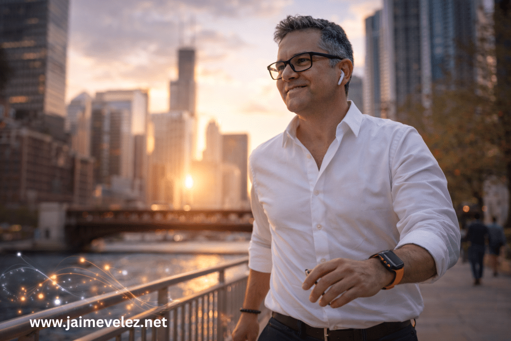 Middle-aged professional walking along the Chicago Riverwalk at sunset, listening to a podcast and gaining clarity through movement
