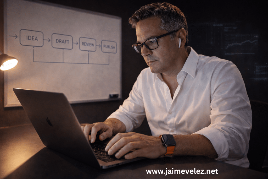 Middle-aged professional working on a laptop in a minimalist workspace with a simple workflow diagram, representing starting before feeling ready and building clarity through action