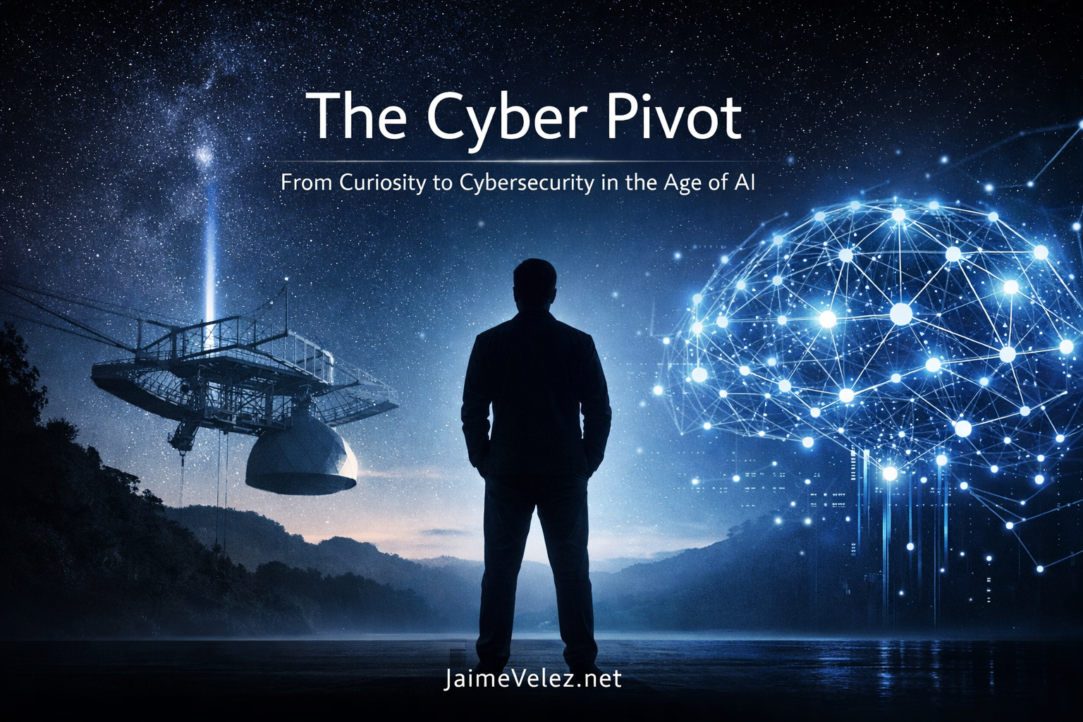 A man standing between the Arecibo Observatory and a futuristic AI network, representing a transition into cybersecurity and the evolution of technology