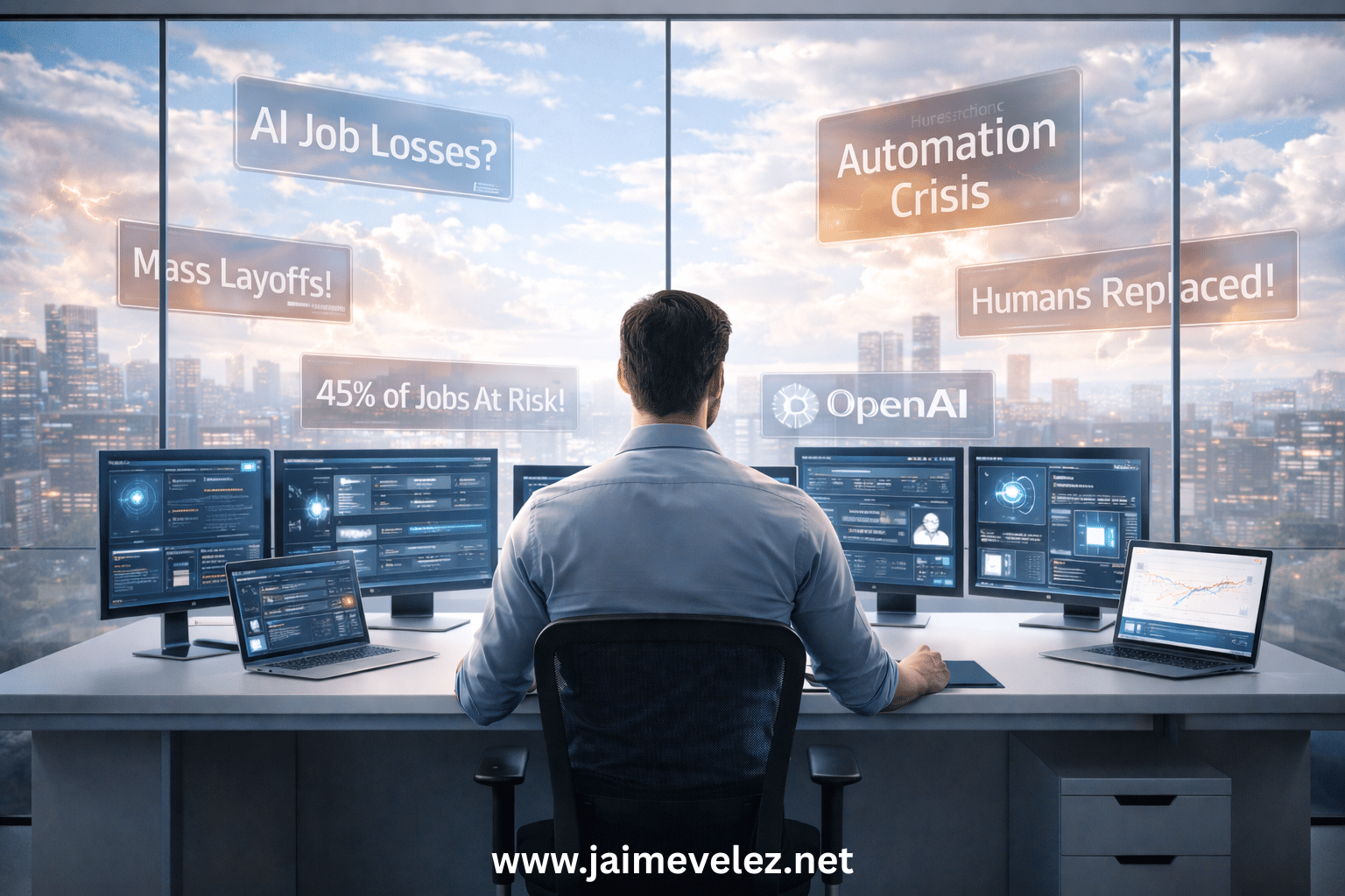 Enough with AI Fear. Calm professional at a minimalist desk using AI dashboards while sensational AI fear headlines appear outside a large glass wall, symbolizing focused preparation over panic about the future of work.