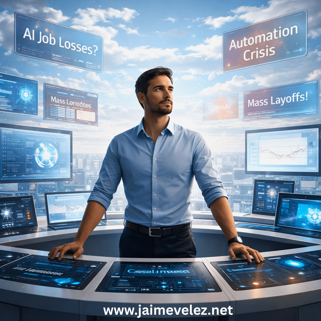 Modern professional standing calmly at a futuristic control console surrounded by AI dashboards and alarmist automation headlines, representing a human at the helm amid AI fear and workplace change.