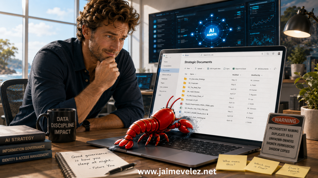 A red lobster AI agent crawls into a generic SharePoint-style Strategic Documents site while an operator watches, symbolizing agentic AI entering messy enterprise data environments.