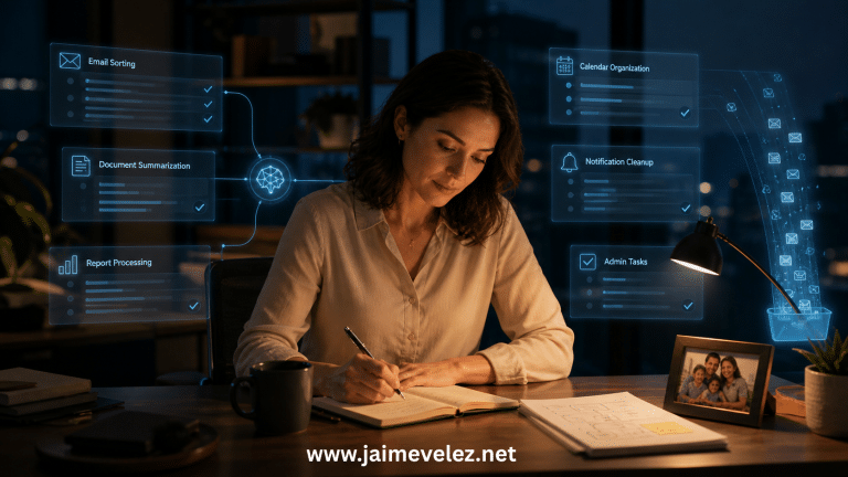 AI and Meaningful Work hero image showing a calm professional writing at a desk while AI handles emails, reports, calendar tasks, and notifications in the background, symbolizing how AI can remove drudgery without removing humanity.
