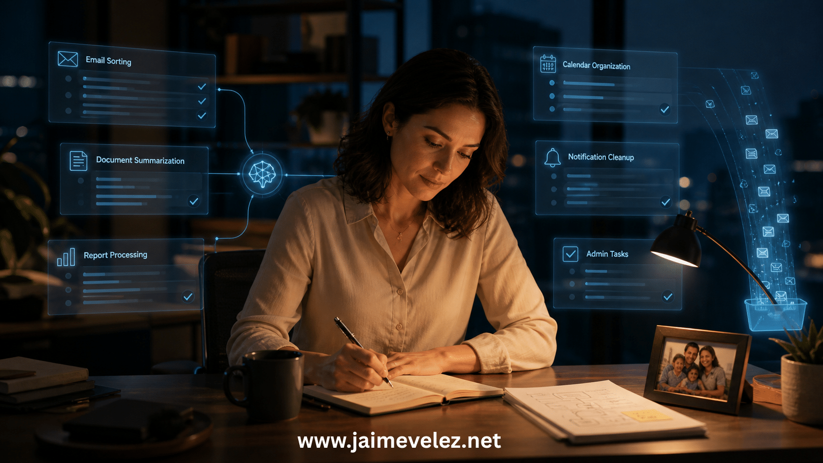 AI and Meaningful Work hero image showing a calm professional writing at a desk while AI handles emails, reports, calendar tasks, and notifications in the background, symbolizing how AI can remove drudgery without removing humanity.