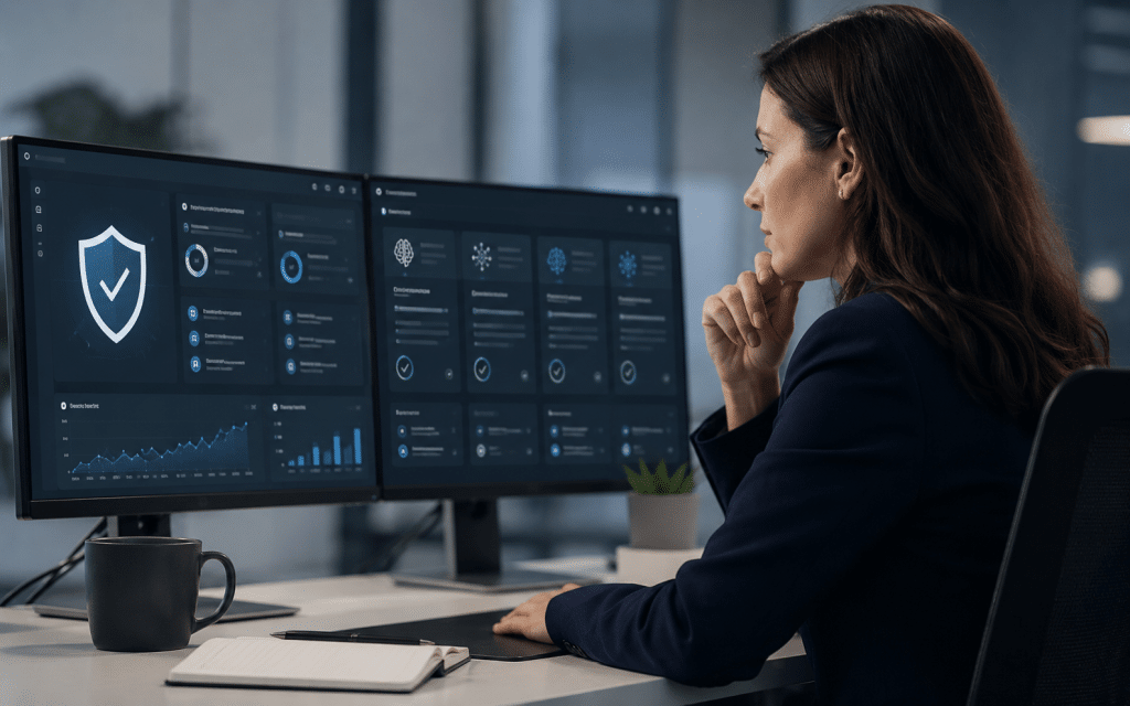 AI Security & Governance professional reviewing a secure AI oversight dashboard with risk, compliance, and approval indicators in a modern workspace.