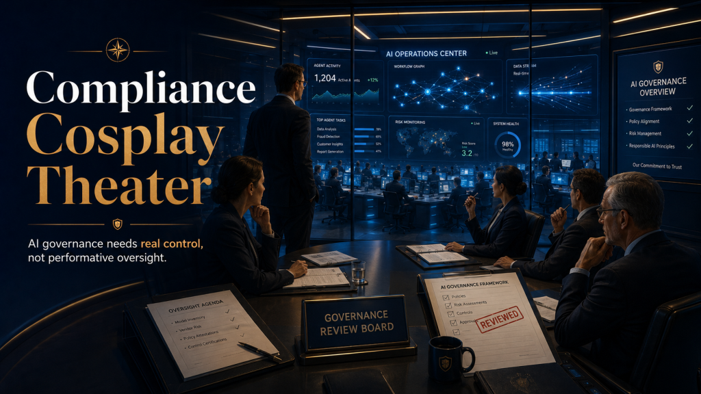 Compliance Cosplay Theater AI governance image showing a review board watching an active AI operations center, emphasizing real control over performative oversight.