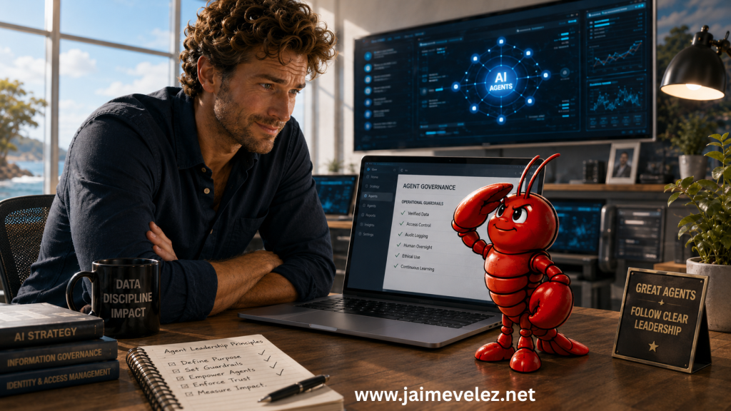 A red lobster AI agent salutes its human operator in a modern enterprise AI workspace, symbolizing the need for clear leadership, governance, and human authority over agentic systems.