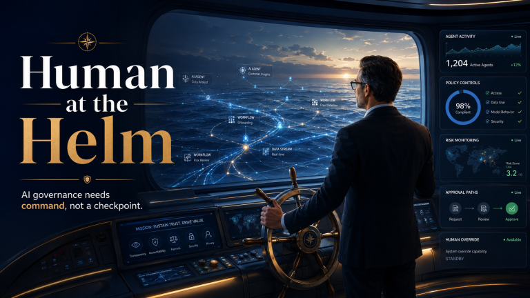 Human at the Helm AI governance image showing a business leader steering enterprise AI systems with command, accountability, and human override controls.