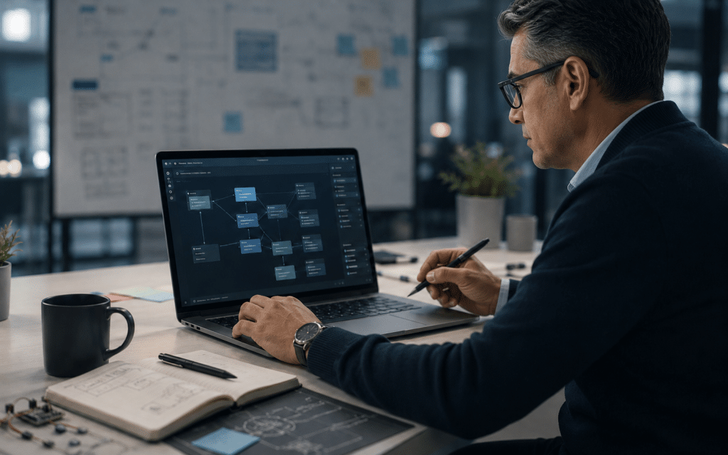 Human at the Helm image showing a Hispanic male executive reviewing an AI workflow on a laptop, representing human oversight, judgment, and control in a modern workspace.