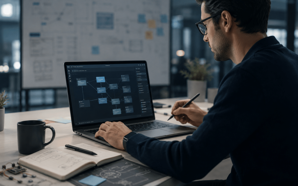 The Build Lab workspace showing a professional designing an AI workflow prototype on a laptop with notes, diagrams, and system planning tools.
