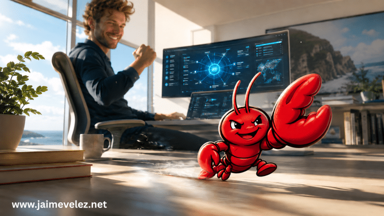 A red lobster mascot breaks loose inside a modern enterprise AI workspace, symbolizing agentic systems moving from personal workflows into the enterprise.