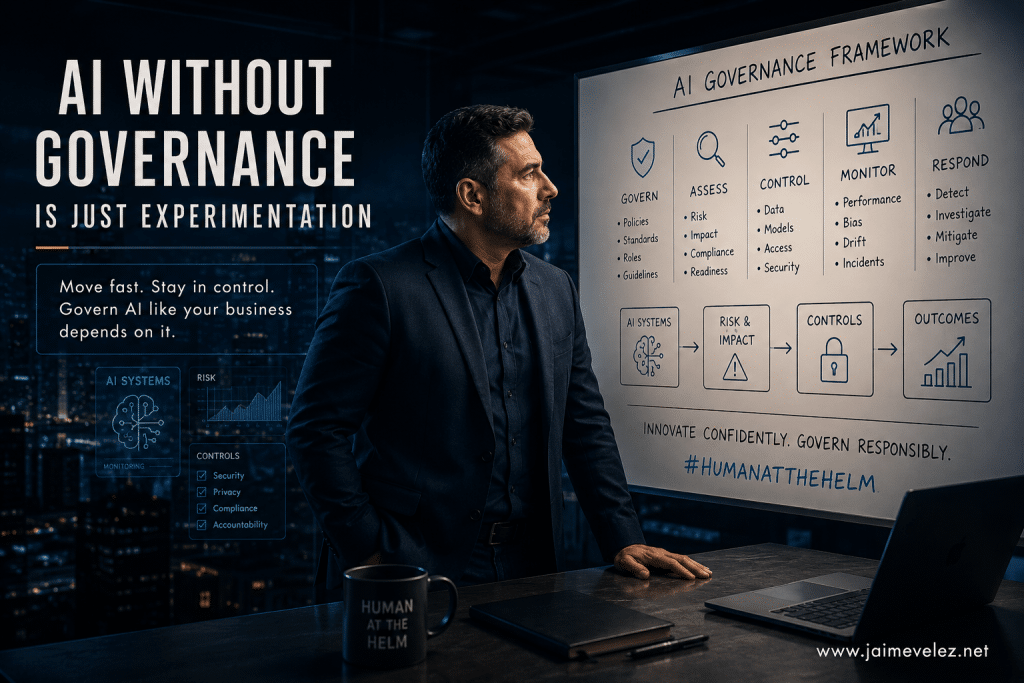 Cinematic AI governance hero image showing a professional leader beside a whiteboard labeled AI Governance Framework, with governance steps for governing, assessing, controlling, monitoring, and responding to AI systems, alongside the message “AI without governance is just experimentation” and Human at the Helm branding.