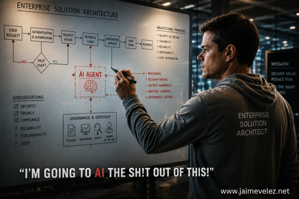 Enterprise architect designing an AI-powered workflow while evaluating governance, security, and risk controls using the AI Necessity Test framework for responsible enterprise AI adoption.