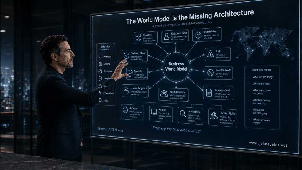 Cinematic hero image showing a business world model for a global regulated bank, with a professional leader at a digital whiteboard mapping objectives, outcome ownership, capabilities, risks, controls, accountability, auditability, decision rights, and evidence trails within an Org Mesh operating model.