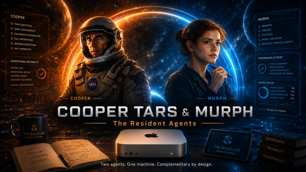 Cinematic hero image showing Cooper Tars and Murph, the two resident AI agents of The Build Lab, running on one Mac Mini M4 with complementary roles in task execution, research, analysis, reliability, and AI governance.