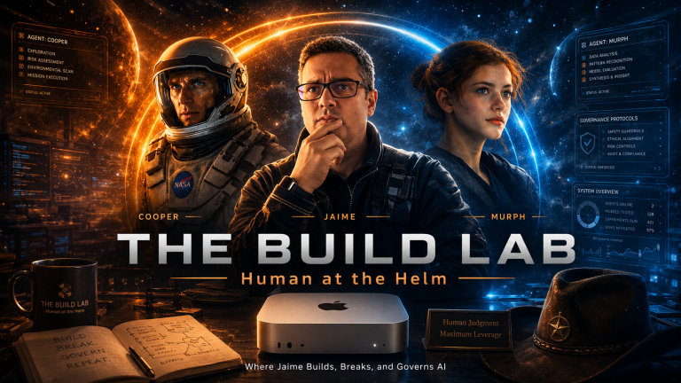 Cinematic hero image for The Build Lab showing Jaime Velez at the center with AI agents Cooper and Murph, a Mac Mini M4, and the theme Human at the Helm, representing hands-on AI building, testing, security, and governance.