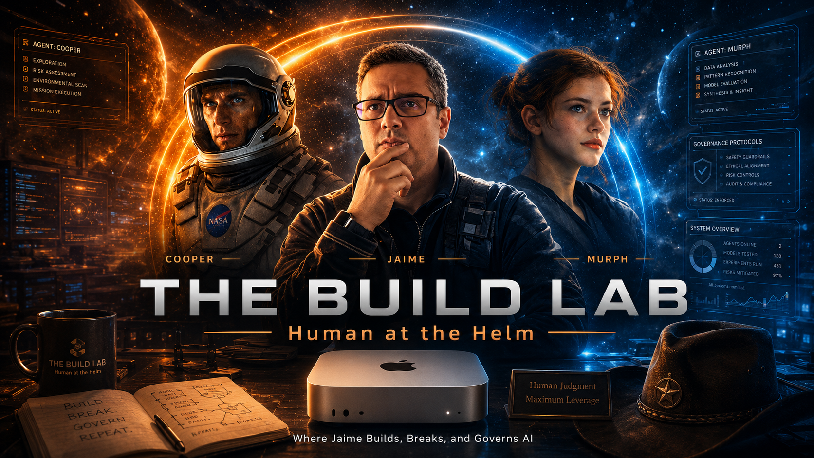 Cinematic hero image for The Build Lab showing Jaime Velez at the center with AI agents Cooper and Murph, a Mac Mini M4, and the theme Human at the Helm, representing hands-on AI building, testing, security, and governance.