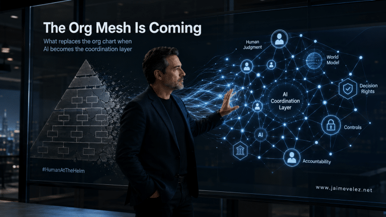 Cinematic hero image for “The Org Mesh Is Coming,” showing a traditional corporate org chart pyramid breaking apart and transforming into a glowing network mesh of humans, AI agents, decision rights, controls, accountability, and a world model, with a human leader guiding the transition under the Human at the Helm theme.