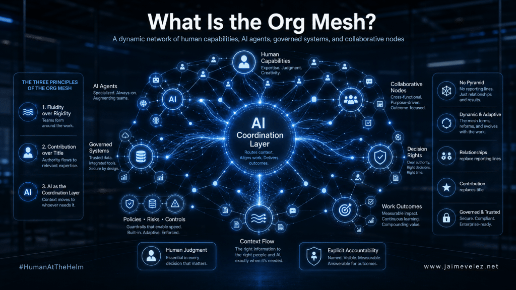 Hero image for “What Is the Org Mesh?” showing an enterprise Org Mesh operating model with AI as the coordination layer, connecting human capabilities, AI agents, governed systems, collaborative nodes, decision rights, context flow, policies, risks, controls, work outcomes, human judgment, and explicit accountability in a modern adaptive organizational structure.