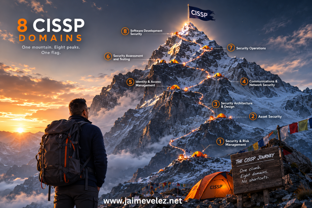 Passing the CISSP. Jaime Velez standing at the base of a mountain representing the eight CISSP domains, with illuminated basecamps leading to a CISSP flag at the summit.