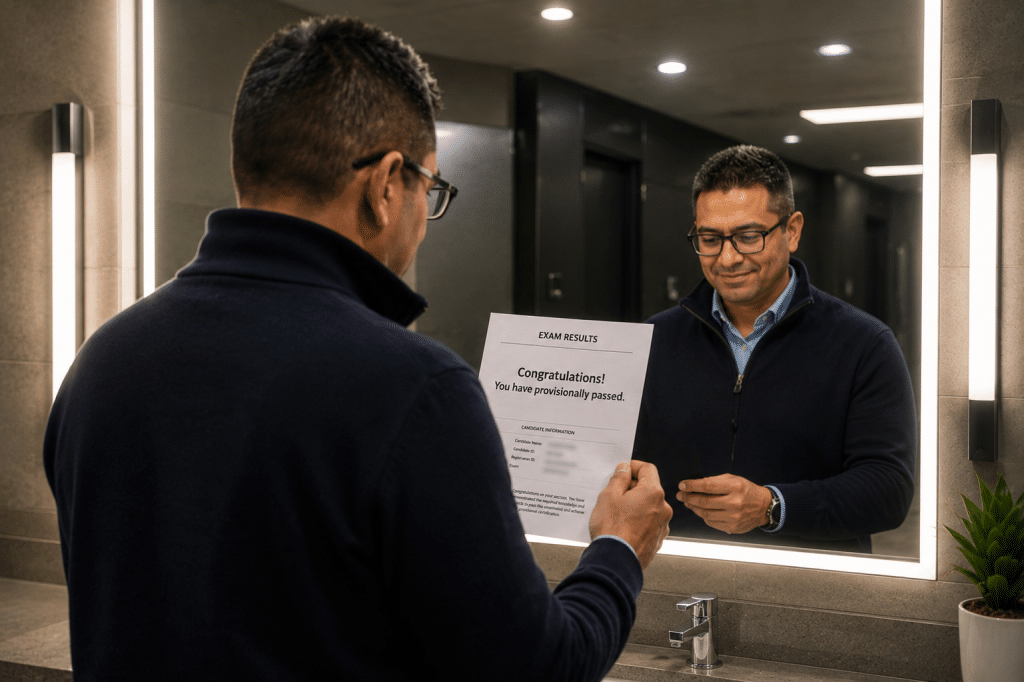 Jaime Velez reading his CISSP exam results in front of a modern office bathroom mirror, smiling with relief after seeing the message, "Congratulations! You have provisionally passed."