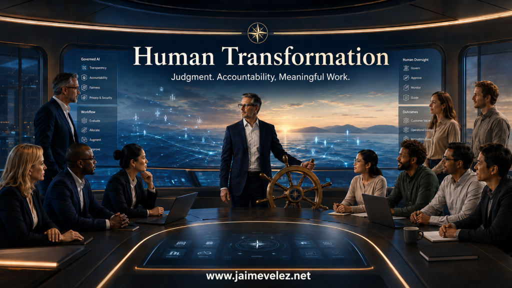 Cinematic hero image showing a CEO standing at a ship’s helm in a modern enterprise command center, guiding top-down leadership and bottom-up AI adoption teams toward Human Transformation, with a calm digital network landscape behind them and the message “Judgment. Accountability. Meaningful Work.” emphasizing human-centered AI governance, organizational alignment, and meaningful work.