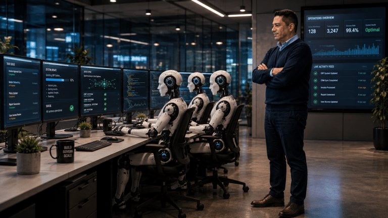 Harness Engineering hero image showing Jaime Velez supervising autonomous AI agents updating enterprise systems in a modern office.