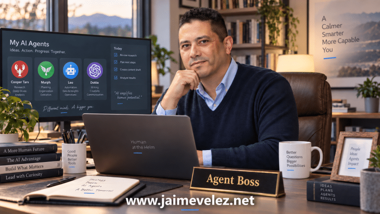 Jaime Velez at his home office desk managing Personal AI Agents including Cooper Tars, Murph, Leo, and Dottie.